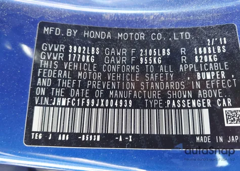 2018 Honda Civic Touring from USA, damaged, VIN JHMFC1F99JX004939